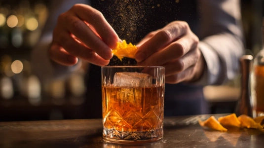 Apelsinskal som pressas över en Old Fashioned så eteriska oljor sprutar ut
