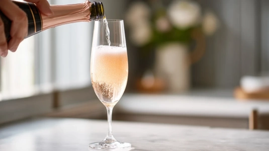 Prosecco hälls i ett lutat champagneglas med persikopuré i botten