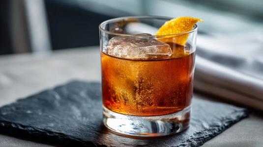 Mezcal Old Fashioned med grapefruktsskal i rocks-glas