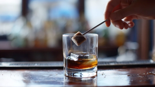 Sockerbit som muddlas med Angostura bitters i botten av ett rocks-glas