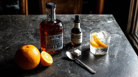 Bourbon, Angostura bitters, sockerbit och apelsin uppställda för en Old Fashioned