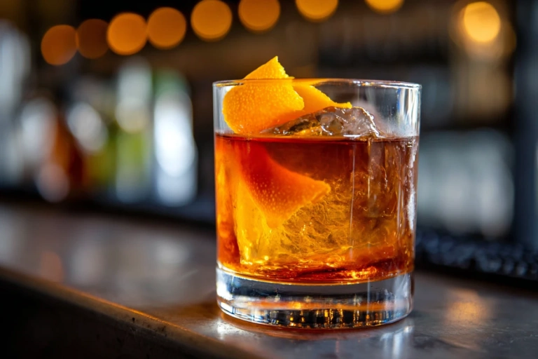 Klassisk Old Fashioned i rocks-glas med stor isbit och apelsinskal