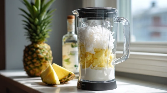 Ingredienser till piña colada i en blender med krossad is