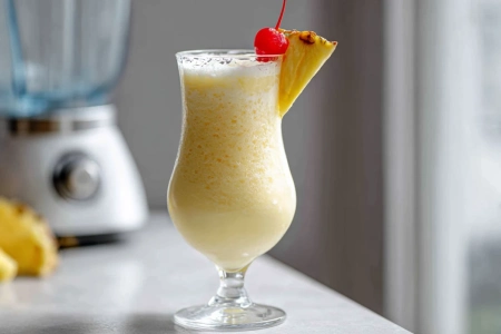 Klassisk piña colada i hurricane-glas med ananasskiva och cocktailkörsbär