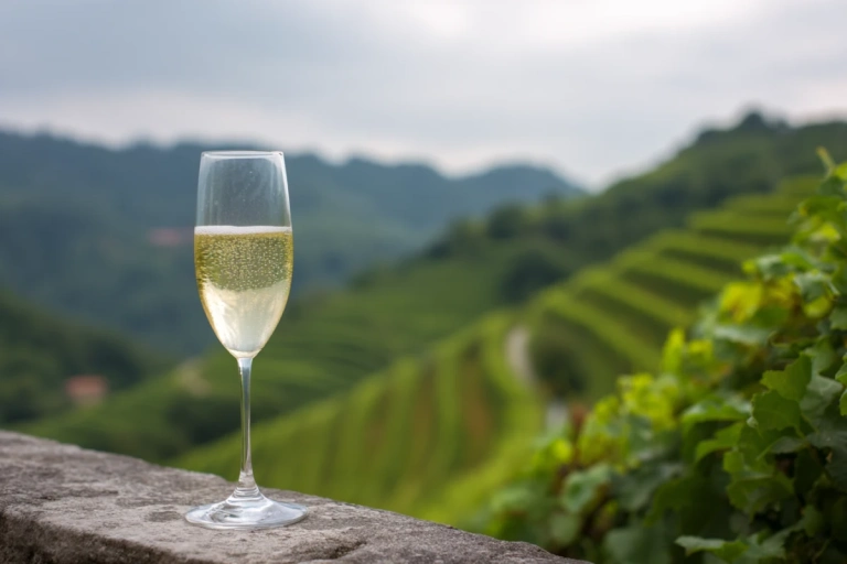 Glas prosecco med bubblor mot bakgrund av gröna kullar i Valdobbiadene