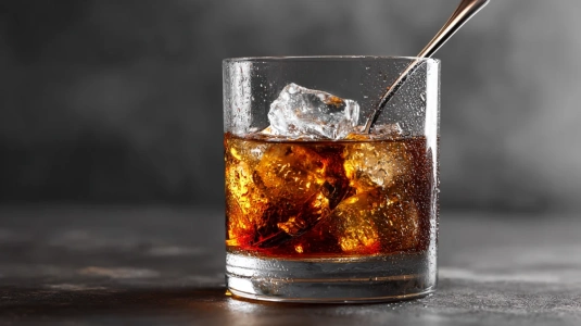 Barsked som rör en Old Fashioned med stora isbitar i rocks-glas