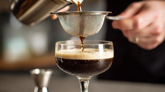 Espresso martini silas genom finmaskig sil ner i ett kylt coupeglas