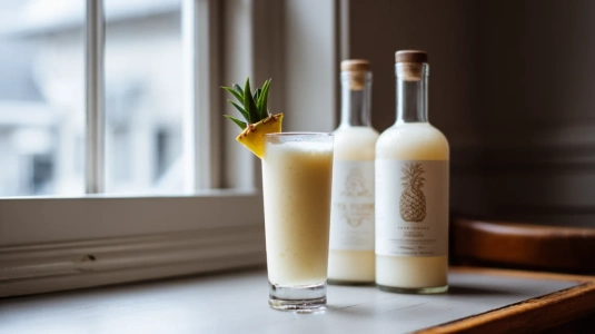 Flaskor med vit rom uppställda bredvid en piña colada
