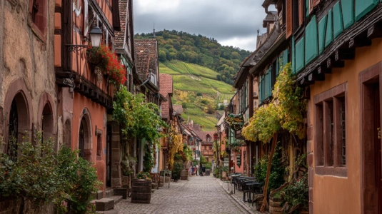 Korsvirkeshus och vinstockar längs Route des Vins i Alsace