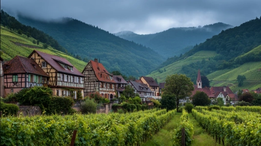Vinodlingar i Alsace med en liten by och Vogeserna i bakgrunden