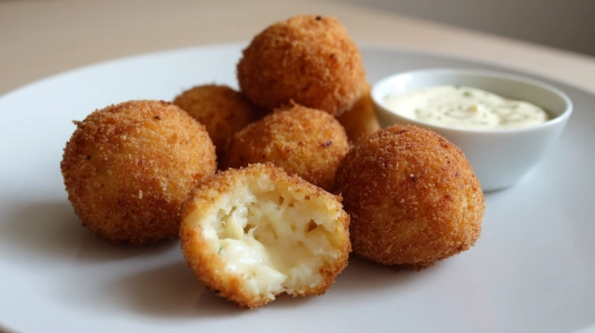 Friterade arancini med gyllenbrun yta och en skål aioli bredvid