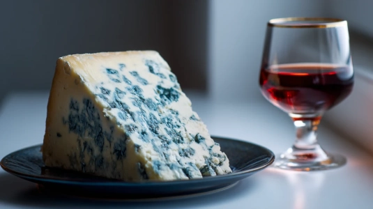 Roquefort med blå mögelådror bredvid ett litet glas portvin