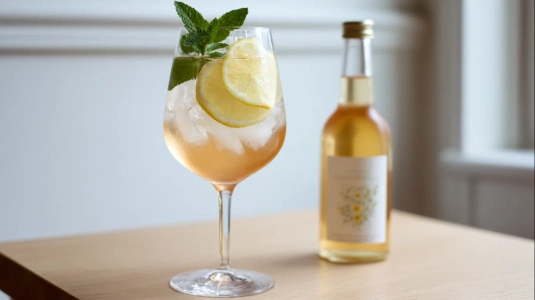 Blommig cava Aperol spritz med fläderlikör, citronskiva och mynta