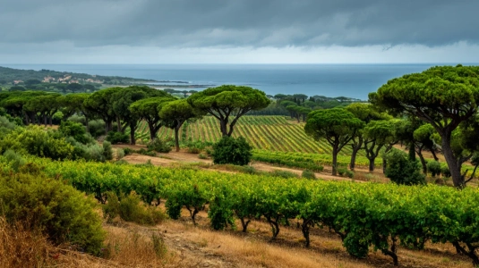 Vingård nära kusten i Bolgheri med medelhavsgrönt landskap