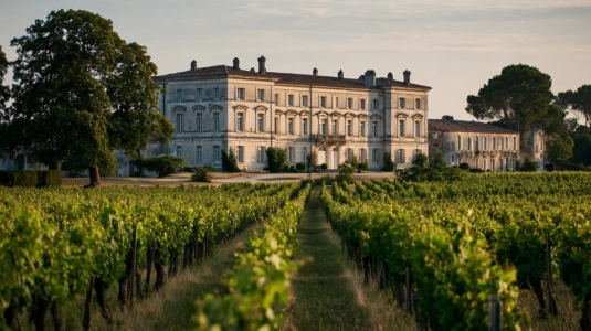 Château i Bordeaux med vinodlingar framför fasaden