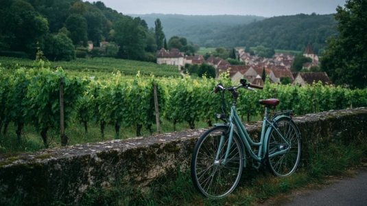 Cykel parkerad vid en vingård längs Côte d'Or i Bourgogne