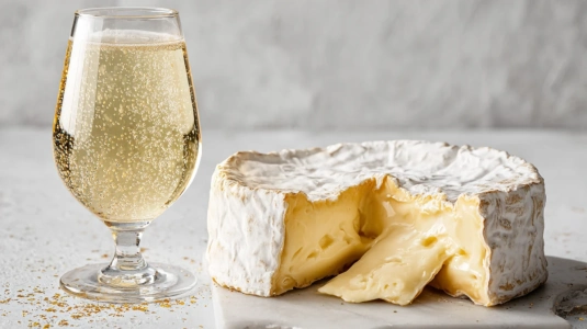 Rinnande brie bredvid ett glas champagne med synliga bubblor