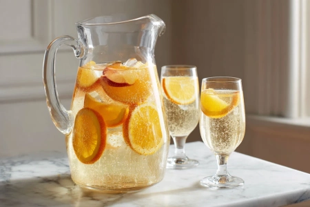 Glaskanna med cava sangria, fruktskivor och bubblor
