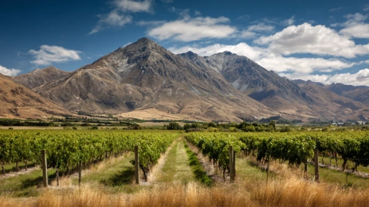 Vingård i Central Otago, Nya Zeeland med berglandskap i bakgrunden