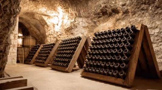 Champagneflaskor som lagras på riddling racks i en kalkstenskällare