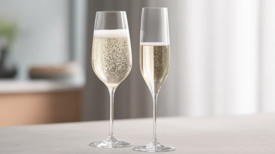 Tulpanformat champagneglas med synliga bubblor bredvid en smal flöjt