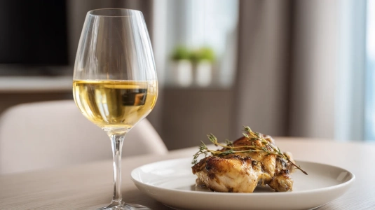 Glas med fatlagrad chardonnay bredvid ugnsrostad kyckling med timjan