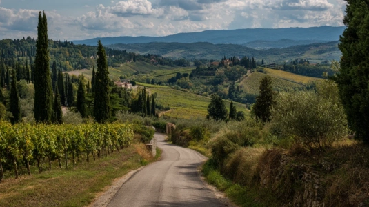 Vingård bland kullar i Toscana med vinrankor i rader