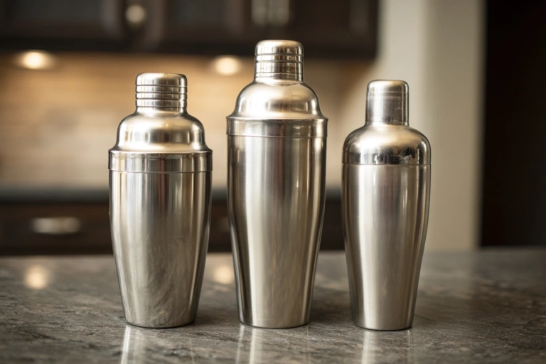 Tre cocktailshakers i rostfritt stål – cobbler, Boston och French – uppställda bredvid varandra