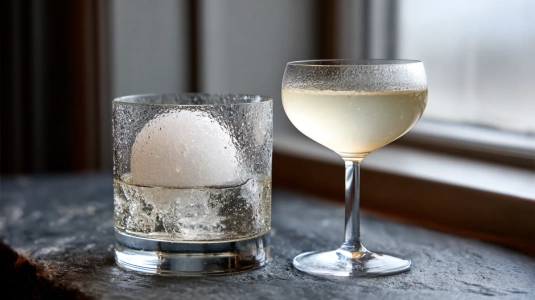 Rocks-glas med stor isbit bredvid ett smalt coupéglas utan is