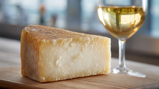 Kilformad bit comté med knastriga kristaller och ett glas vit bourgogne
