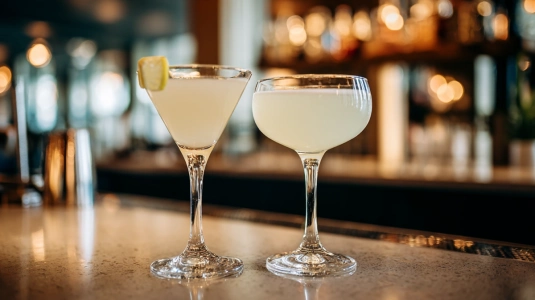 Coupéglas och martiniglas sida vid sida med cocktails