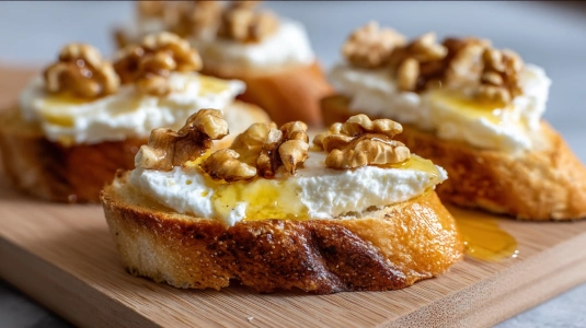 Crostini med ricotta, honung och krossade valnötter på en skärbräda