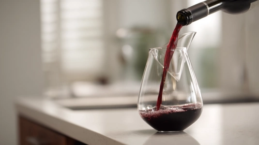 Vin som hälls i en karaff för dekantering