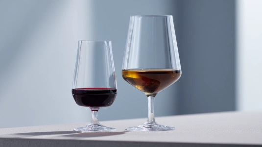 Litet glas med portvin bredvid ett vanligt vinglas med rött vin
