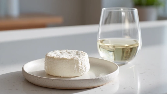 Färsk getost på en tallrik med ett glas sauvignon blanc
