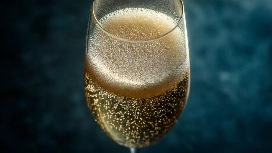 Närbild på champagnebubblor som stiger i ett glas