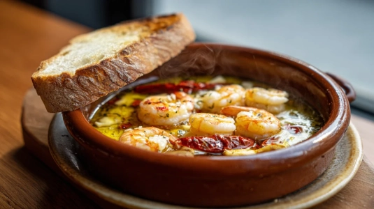 Gambas al ajillo med vitlök och chili i het olivolja