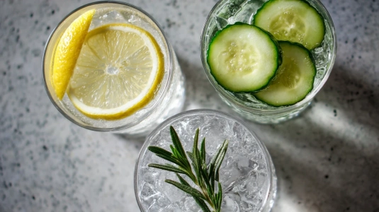 Garnityr till gin och tonic: citronskiva, gurkskivor och en kvist rosmarin