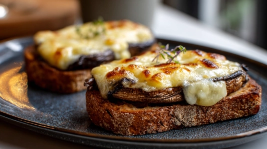 Gratinerad svamp med smält gruyère på rostat surdegsbröd