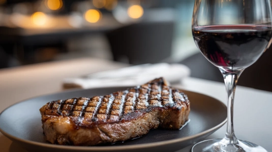 Grillad entrecôte med tydlig stekyta på en varm tallrik