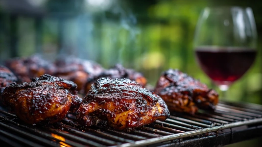 Grillad kyckling med karamelliserad BBQ-glaze och ett glas rött vin