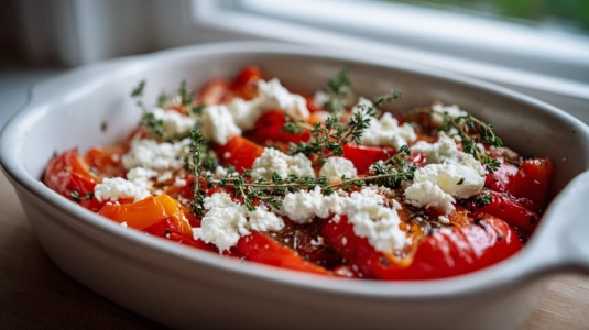 Ugnsrostad paprika i strimlor med smulad getost och timjan