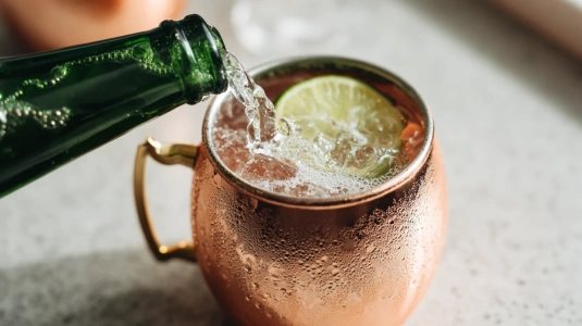 Ginger beer hälls i kopparmugg med vodka och lime