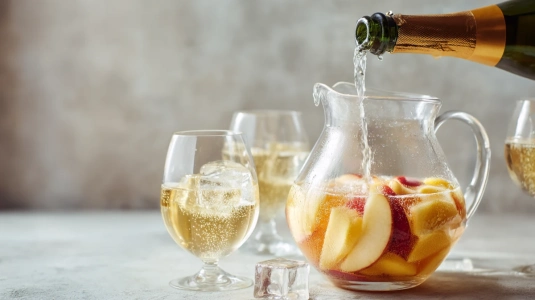 Cava hälls i en kanna med fruktbas för sangria