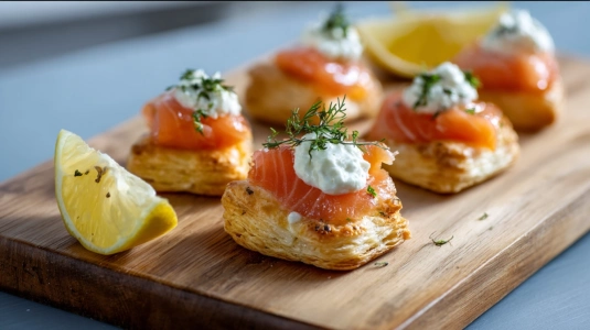 Smördegssnittar med kallrökt lax och crème fraiche