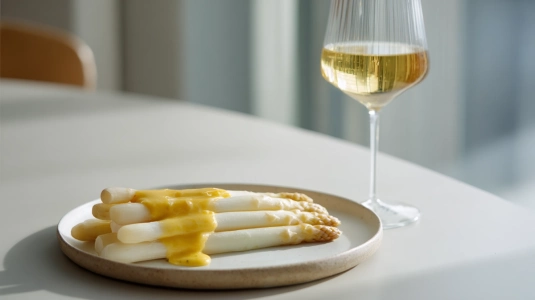 Kokt vit sparris med hollandaisesås och ett glas silvaner