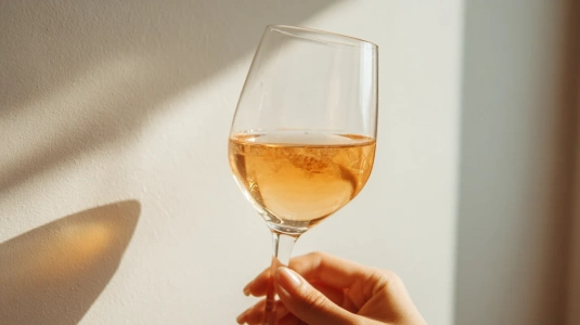 Ljust guldgult orange vin med kort skalkontakt i ett vinglas