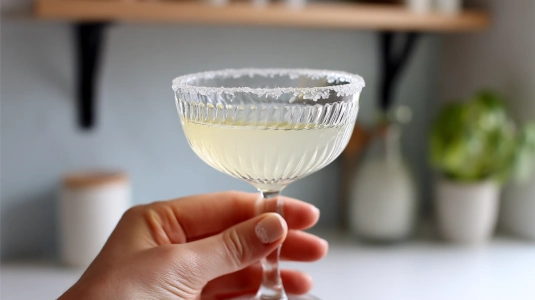 Tunt kristallglas med cocktail hållet i handen