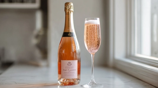 Sydafrikansk Cap Classique mousserande rosé i flaska och glas