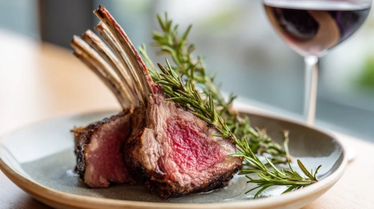 Rosastekt lammrack med rosmarin och vitlök på serveringsfat